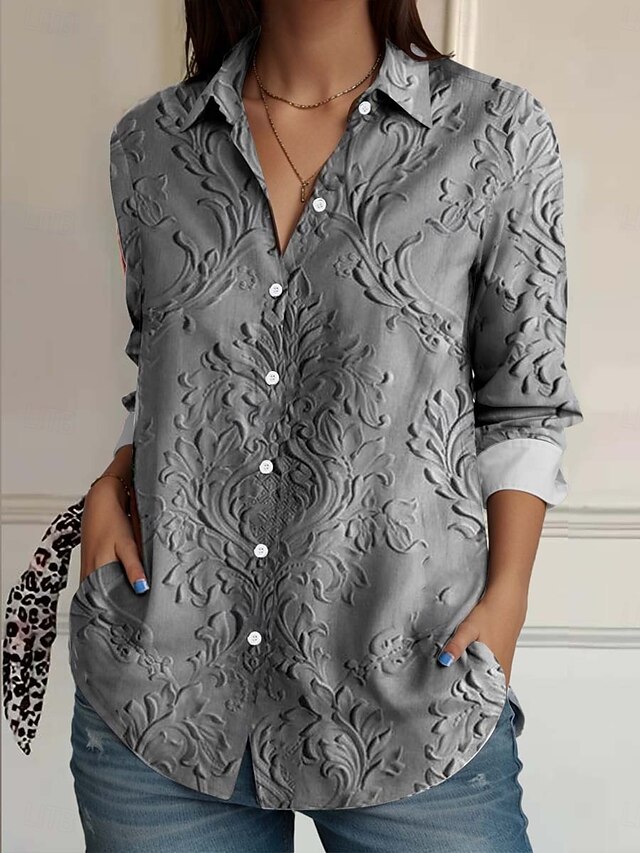 Women's Shirt Button Down Tunic Shirt Collar Long Sleeve 3D Print Floral Elegant Vintage Daily Regular Tops Work Daily s Print Silver Spring4