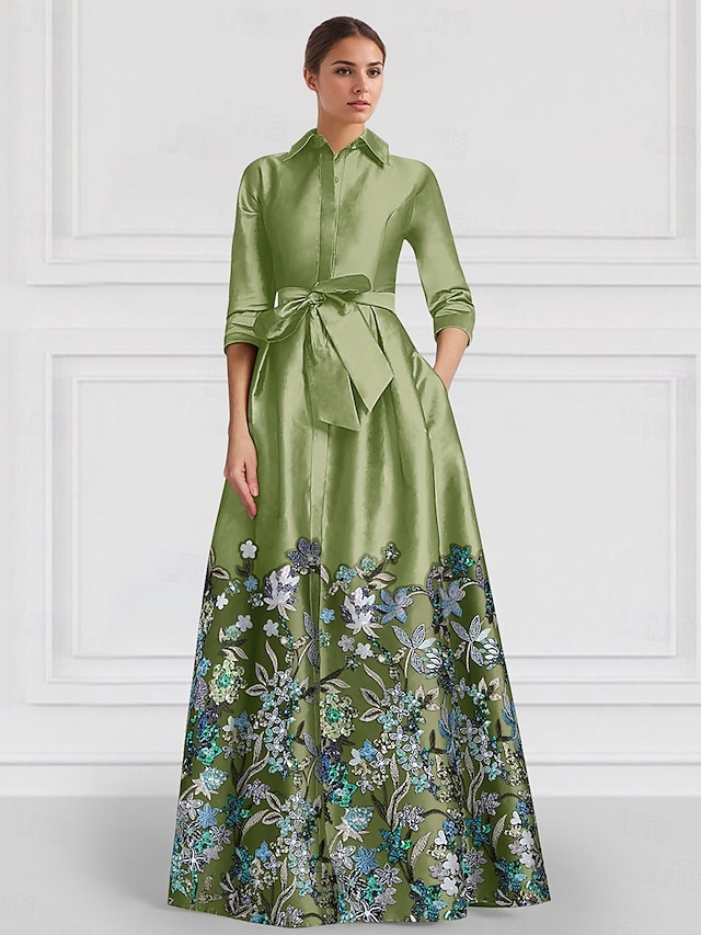  Green Floral Embroidered A-Line Satin Evening Gown Elegant Dress Formal Wedding Floor Length Half Sleeve Shirt Collar