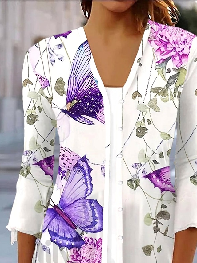  Pentru femei Cămașă Floral Fluture De Bază Lungime Manșon 3/4 Pătrat Topuri obișnuite Zilnic Imprimeu Mov Primăvară Toamnă