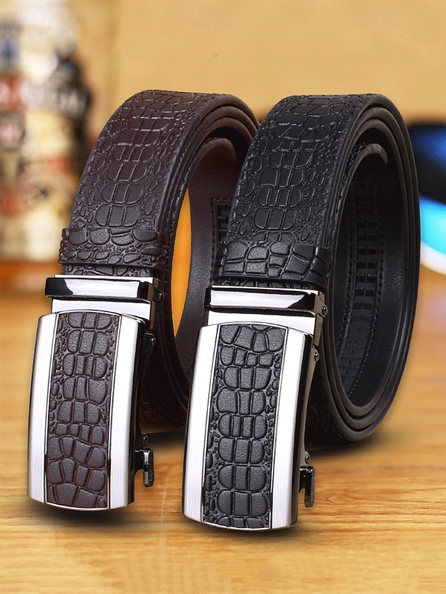  Men's Genuine Leather Crocodile Pattern Belt – Automatic Buckle, Luxury Business & Casual Dress Belt, Adjustable for Work, Weddings & Formal Events