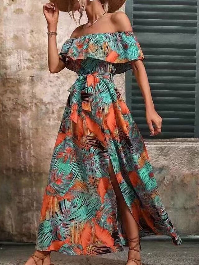  Damen Midi Kleid Korsett Kleid Rüschens Kleid Off-the-Shoulder Kleid Urlaub Strand Urlaub Täglicher Regular Fit Grafik Kurzarm Off-Shoulder Gelb Hellgrün Himmelblau Orange Sommer