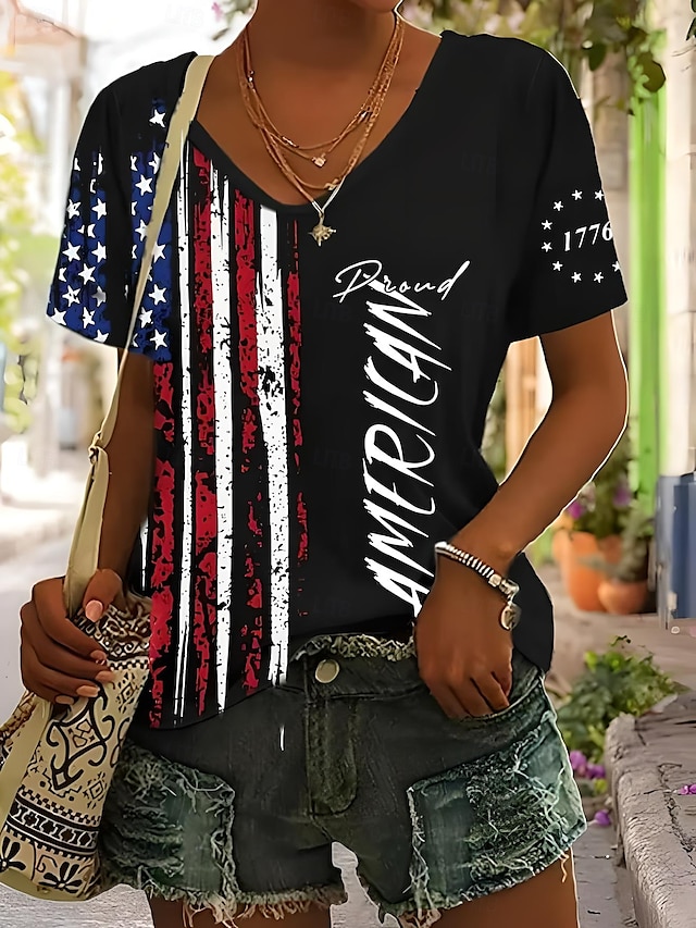  T-shirt féminin Jour de l'Indépendance Drapeau Drapeau américain Drapeau national Élégant Décontracté Manche courte Col en V Hauts réguliers Imprimé quotidien Week-end Noir Été Printemps