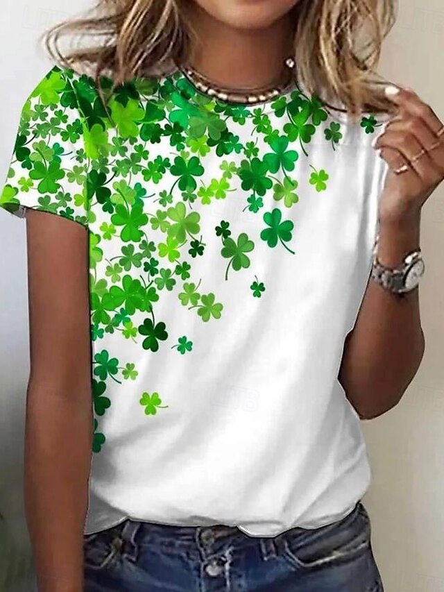 St. Patrick's Day Women's T Shirt Floral Casual Short Sleeve Round Neck Regular Tops Daily Print Green Summer4