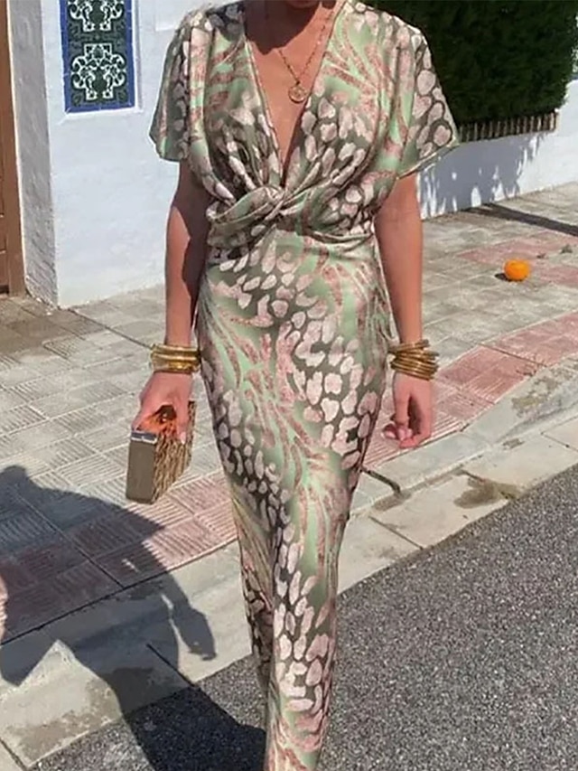  Dámské Midi šaty Bandážové šaty Bodycon šaty Večírek Narozeniny Dovolená Denní Běžný Grafika Krátký rukáv Do V Trávová zelená Léto