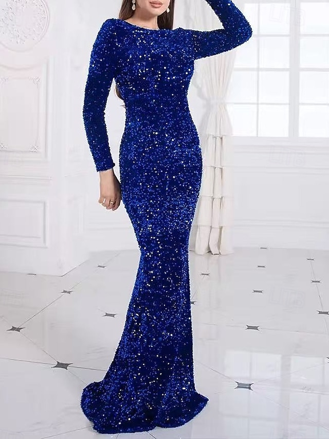  Trompete / Meerjungfrau Abendkleider Elegant Kleid Abendgesellschaft Abiball Pinsel Schleppe Langarm U-Ausschnitt Baumwolle mit Glitzer Paillette 2025