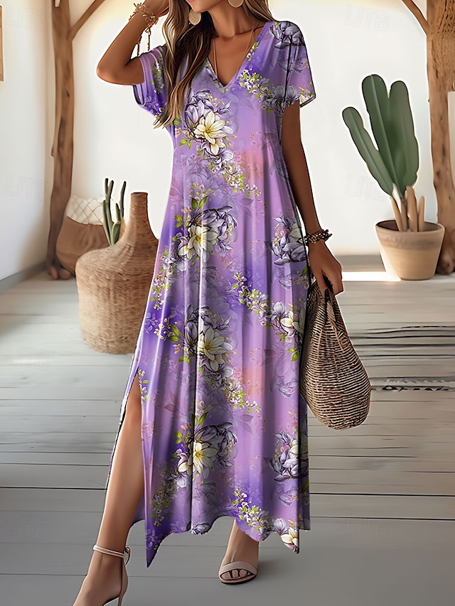  Pentru femei Rochie Maxi Rochie casual Rochie A line Stilat Casual Vacanță Zilnic Fit regulat Floral Manșon scurt În V Mov Primăvară Toamnă