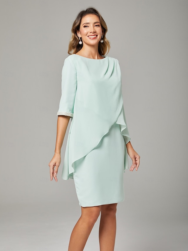  Šaty pro matku nevěsty štíhlý  sloupcový styl elegantní kulatý výstřih délka ke kolenům chiffon poloviční rukáv s korálkovou řasením midi šaty