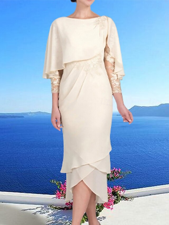  Sheath  søyle mor til bruden kjole elegant petite scoop hals te lengde chiffon 3/4 lengde erme med blonder tier applikasjoner midi kjole