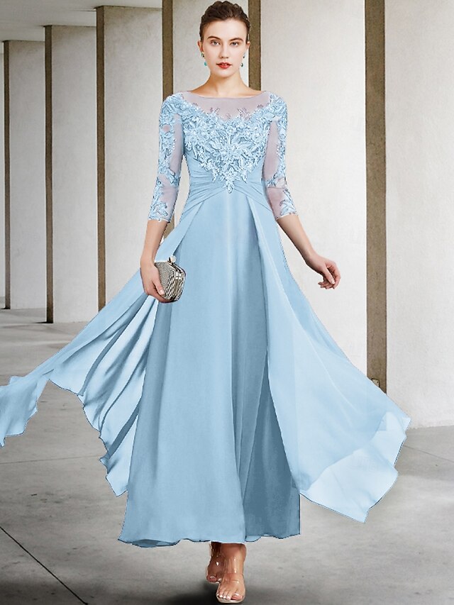 Wedding Guest Elegant Plus Size Jewel Neck Ankle Length Chiffon Lace 3/4 Length Sleeve with Ruched Sequin Appliques Mother of the Bride Dress main image 0