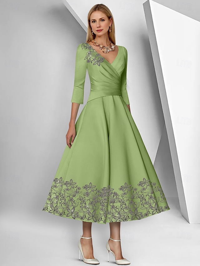  A-Linie Kleid Strandhochzeit Brautmutterkleid Elegant Einfach V-Ausschnitt Knöchellänge Tee-Länge Satin 3/4-Länge Ärmel mit Spitze geraffte Pailletten Derby Kleid Renntag Kleid 2025