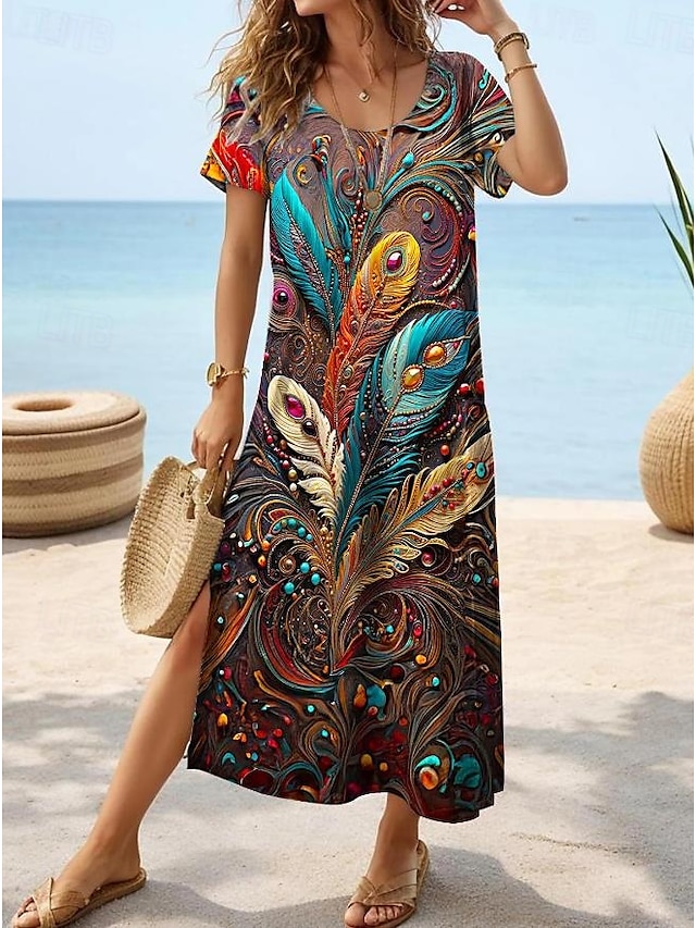  Női Maxiruha hétköznapi ruha Boho elegáns ruhák Csehország aranyos stílus Stílusos Vakáció Napi Tengerpart Normál Grafika Rövid ujjú Terített nyak Gesztenyebarna Nyár Tavasz