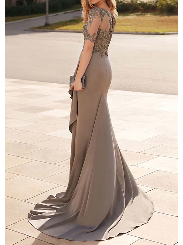 Mermaid/Trumpet Jewel Neck Half Sleeves Tea-Length Mother Of The Bride Dresses With Buttons main image 1