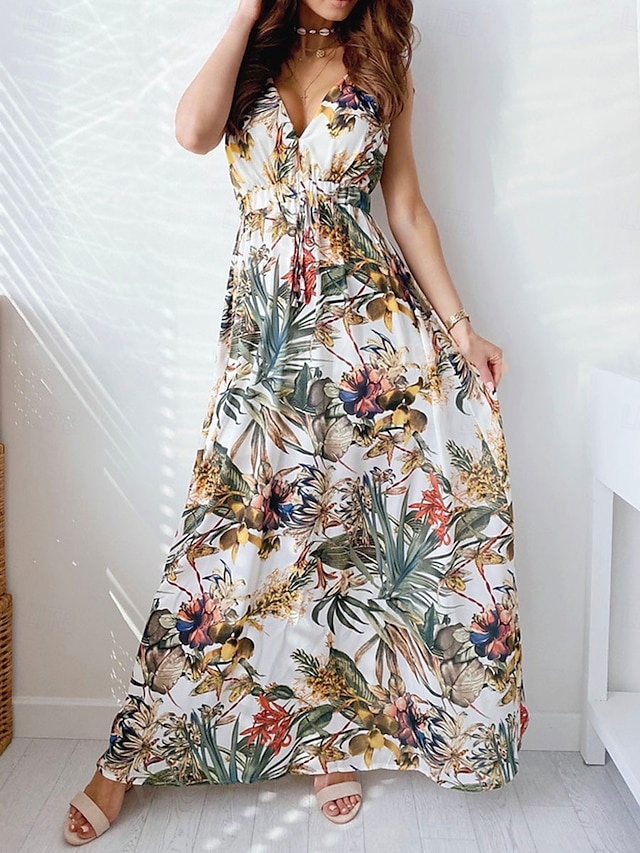  Femme Robe Maxi Robe casual mode Décontractées Vacances Casual du quotidien Standard Graphic Sans Manches Col V Noir Blanche Bleu Vert Eté Printemps