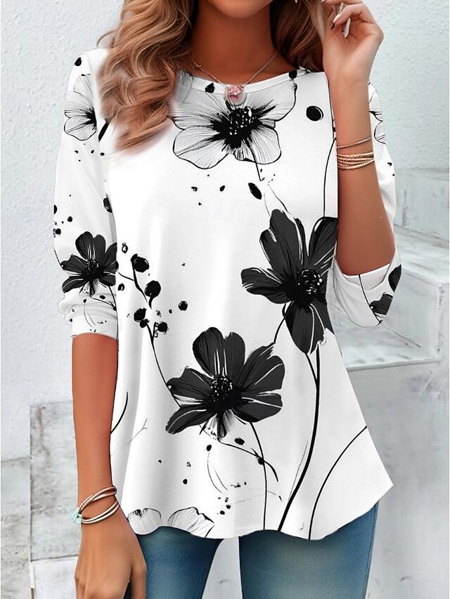 Women's T shirt Long Sleeve Crew Neck Long Sleeve Tunic Floral Graphic Casual Regular Tops Daily Print Black and White Spring Fall Prefall4