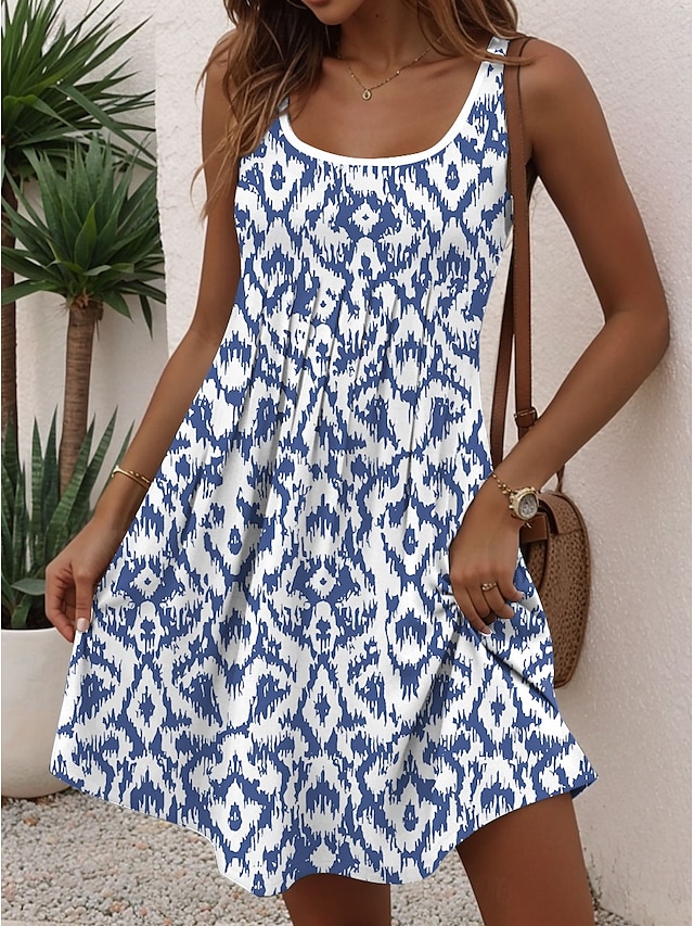  Damen Normal Minikleid A Linie Kleid Tank-Top Kleid Sommerkleid Urlaub Stilvoll Brautkleider schlicht Urlaub Täglich Regular Fit Graphic Geometrisch Ärmellos Rundhalsausschnitt Blau Sommer