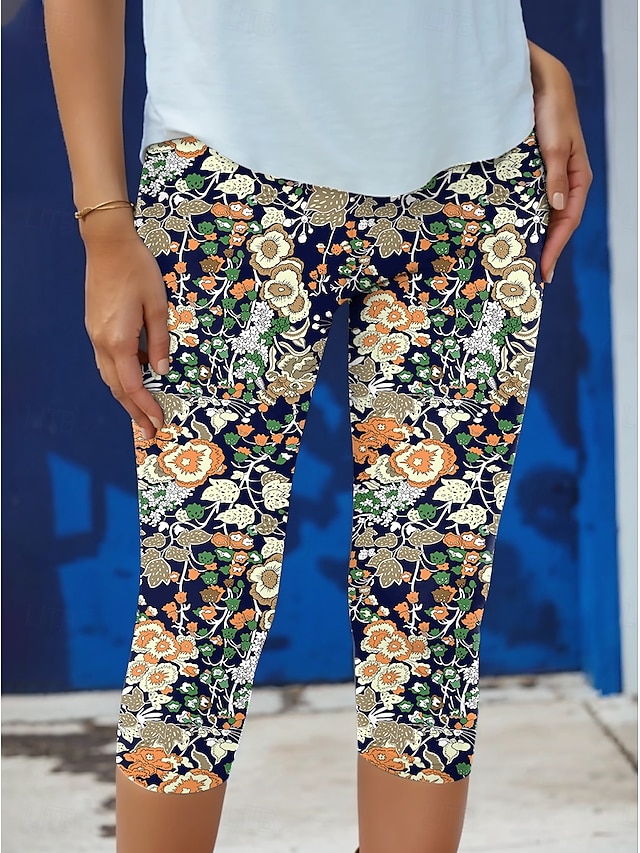  Mujeres Leggings Pantalones Capri Alta Elasticidad Moda Streetwear Longitud Completa Talle Alto Impresión Floral Térmica Cálida Transpirable Suave Exterior Diarias Naranja Otoño Invierno Corte Regular
