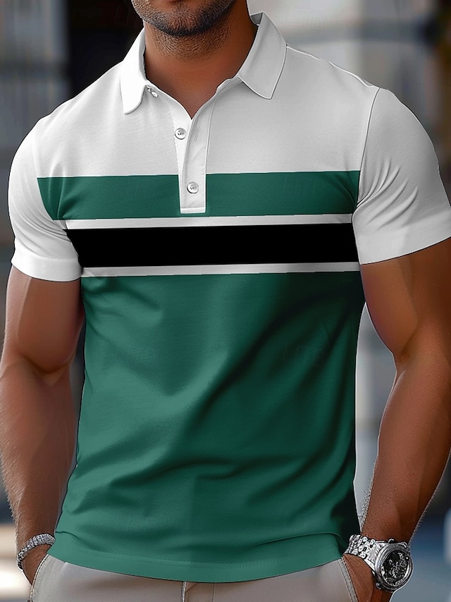  Herr Randig Rugby Polo Kortärmad Polotröjor Skjortor med krage Ledigt Skola Fritids- Dagliga kläder 3D-utskrift Sommar Vår Höst Blå Himmelsblå Brun