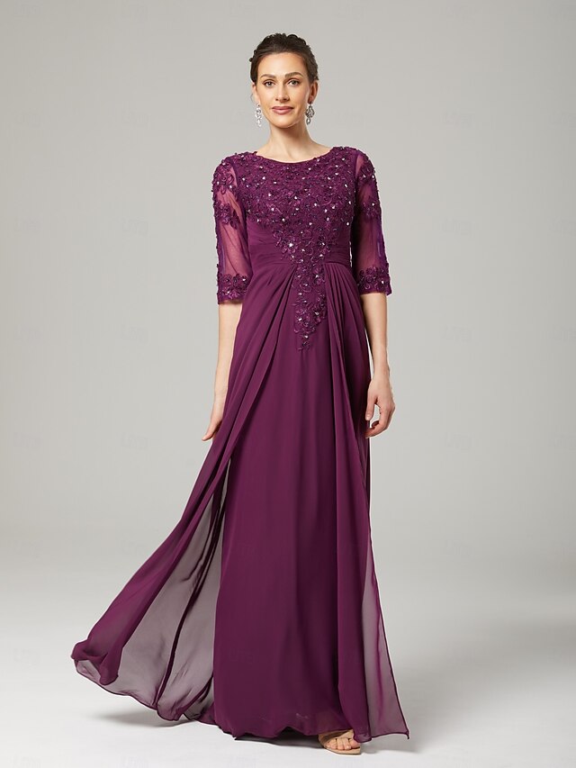 Robe Formelle En Dentelle Mère De La Mariée Manches 3/4 - Robe Soirée Mariage Mousseline De Soie