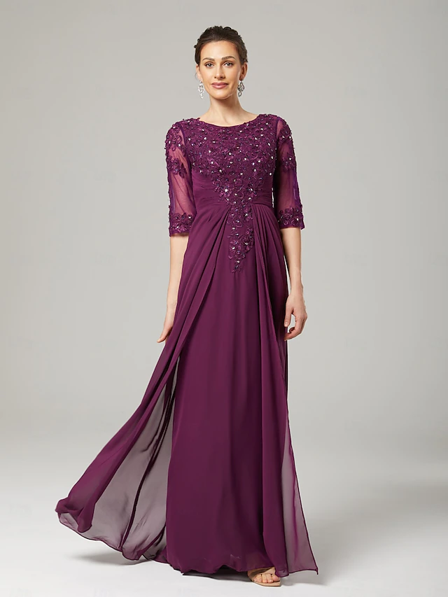 Robe Formelle En Dentelle Mère De La Mariée Manches 3/4 - Robe Soirée Mariage Mousseline De Soie