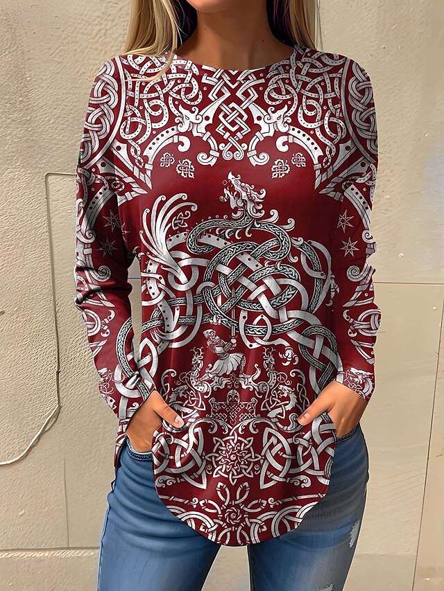  Women's T Shirt Vintage Fashion Long Sleeve Crew Neck Regular Tops Daily Going out Weekend Print Wine Summer Spring