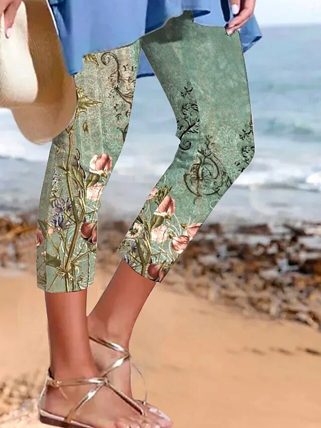 Pantaloni legging Capri pentru femei elasticitate ridicată modă streetwear lungime până la gambă talie înaltă imprimare grafică a plantelor respirabil moale pentru exterior zilnic verde vară