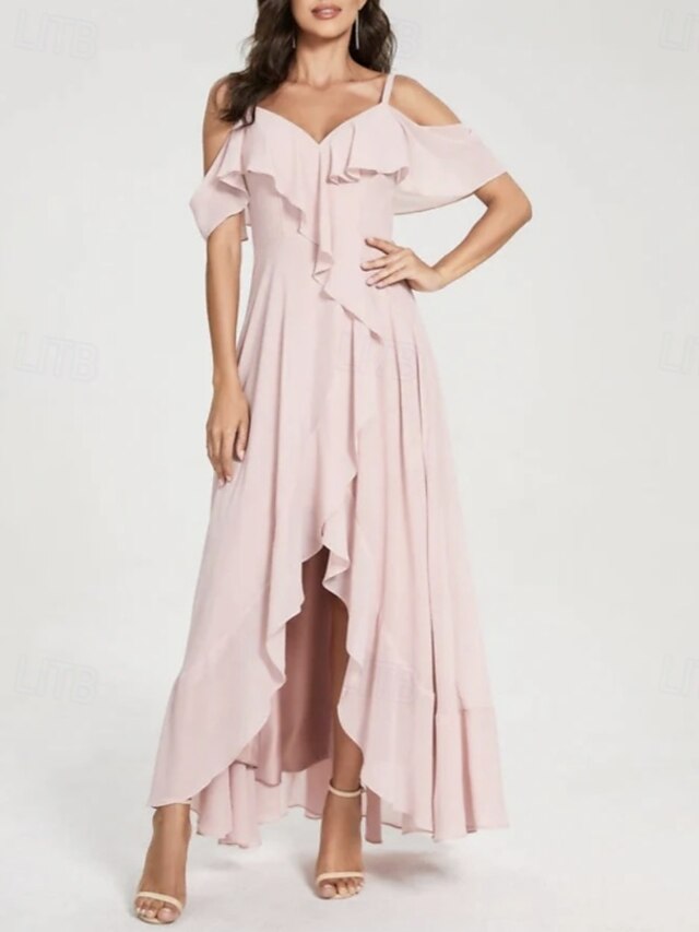  A-Line Bridesmaid Dress V Neck / Spaghetti Strap Short Sleeve Elegant Asymmetrical Chiffon with Split Front / Ruching
