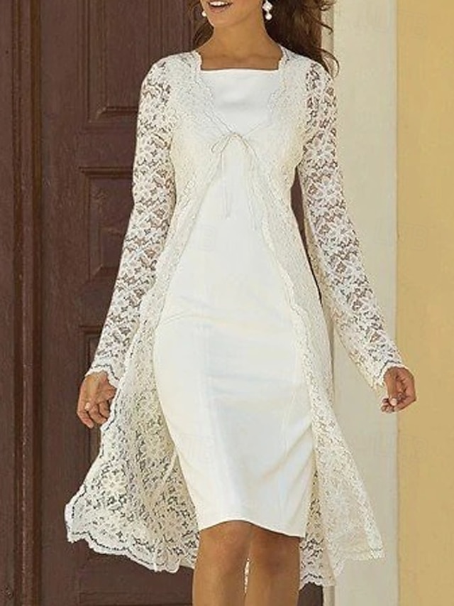  Vestido de Madre de la Novia Dos Piezas A-Line Vestido de Invitada de Boda Elegante Cuello Cuadrado Largo hasta la Rodilla Chifón Encaje Sin Mangas Chaqueta con Color Sólido