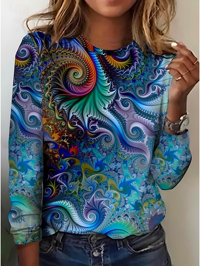  Dame T skjorte Grafisk Elegant Årgang Mote Langermet Crew-hals Vanlige topper Daglig Ut på byen Helg Trykt mønster Marineblå Sommer Vår
