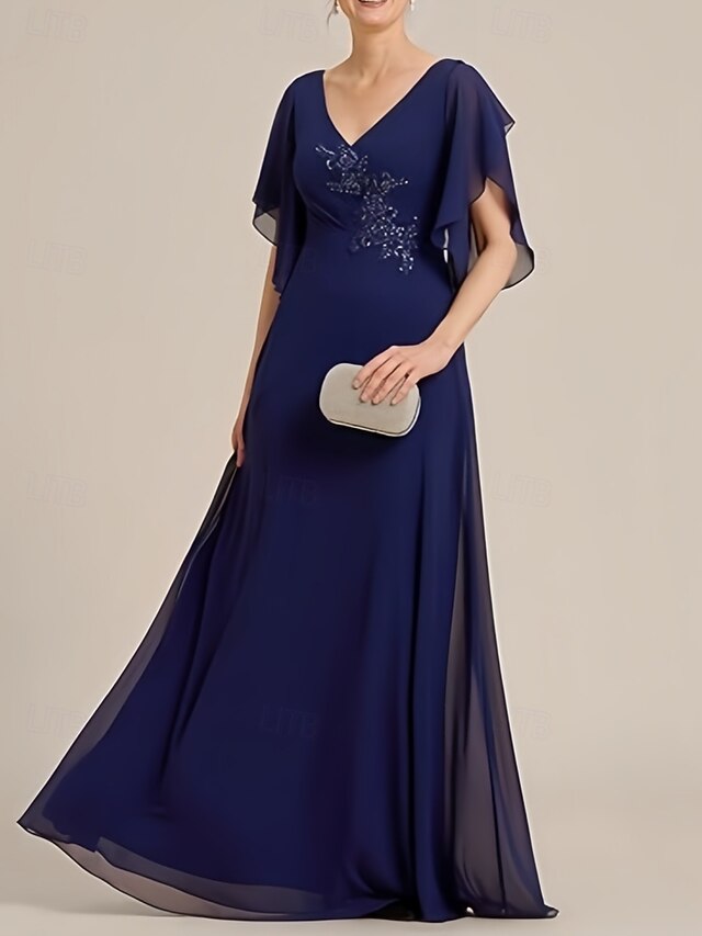 Simple A-Line V-neck Short Sleeves Chiffon Floor-Length Mother of the Bride Dress