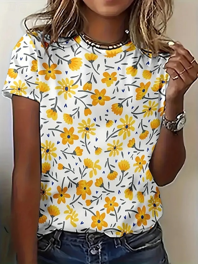  Dame T skjorte Sommertopper Blomstret Grafisk Klassisk Fritid Kortermet Crew-hals Crop Tops Daglig Helg Trykt mønster Regnbue Sommer Vår Høst