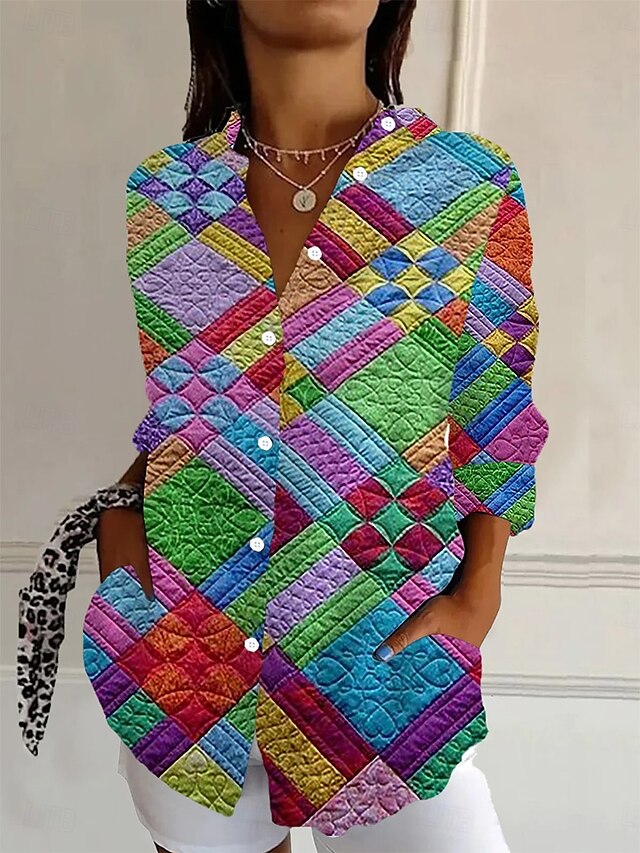  Damenhemd Grafik Geometrisch Alltag Stilvoll Retro Vintage 3/4 Länge Ärmel Hemdkragen Reguläre Tops Alltag Urlaub Ausgehen Buttons Regenbogen Sommer Frühling