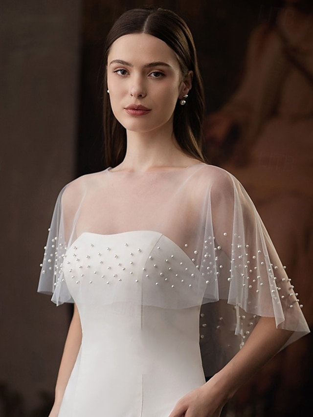  Bridal's Wraps Elegante Voiler  Sheers Korte Ermer Tulle Bryllup Wraps Med Faux Perle Bryllup Vår  Høst