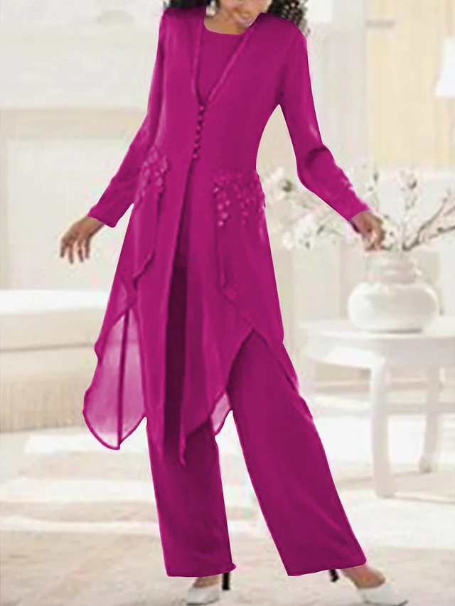 Beach Wedding 3 Piece Mother of the Bride Wedding Guest Elegant Vintage Scoop Neck Ankle Length Chiffon Lace Long Sleeve with Appliques 5