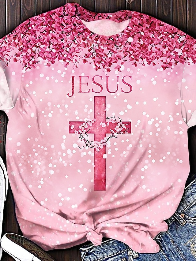  La Saint-Valentin Femme T shirt Croix Décontractées Manche Courte Col Rond Hauts réguliers du quotidien Imprimer Rose Claire Eté