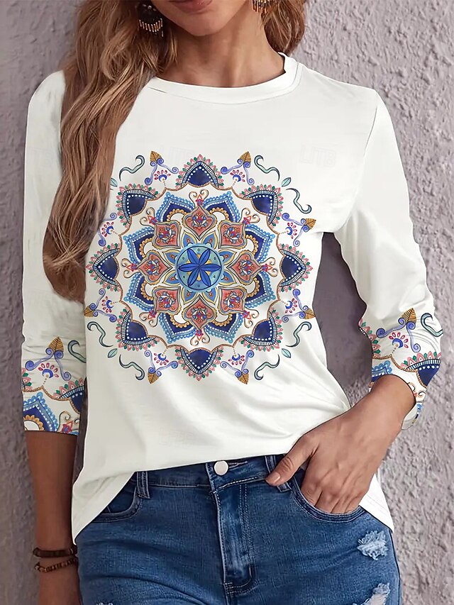 Women's T shirt Crew Neck Long Sleeve Tunic Letter Casual Round Neck Regular Tops Daily Weekend Print White Fall Winter4