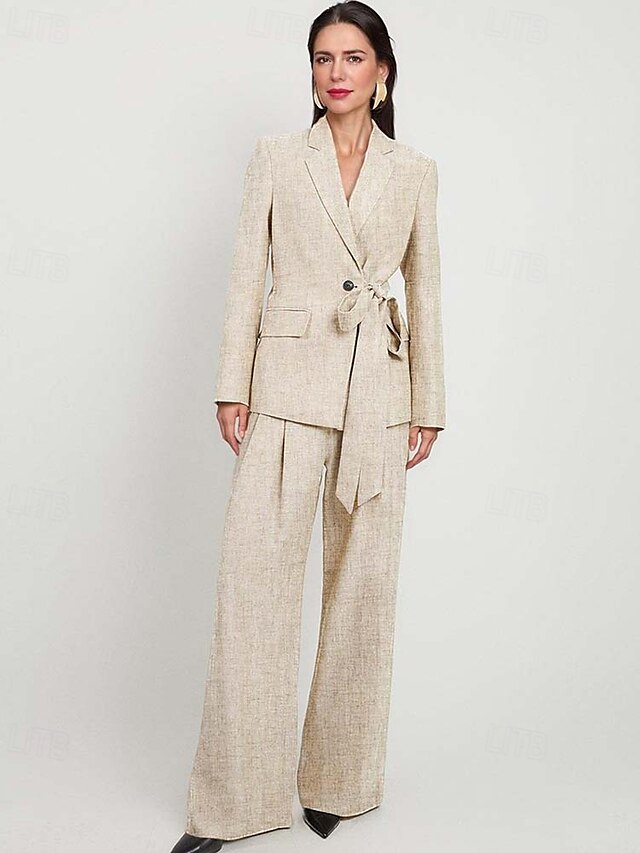 Linstoff Blended Buksedress Mor til Bruden Blazer Sett Elegant Vintage Enkel Notch Krage Gulvlengde Lang Erm med Sløyfer Knapper