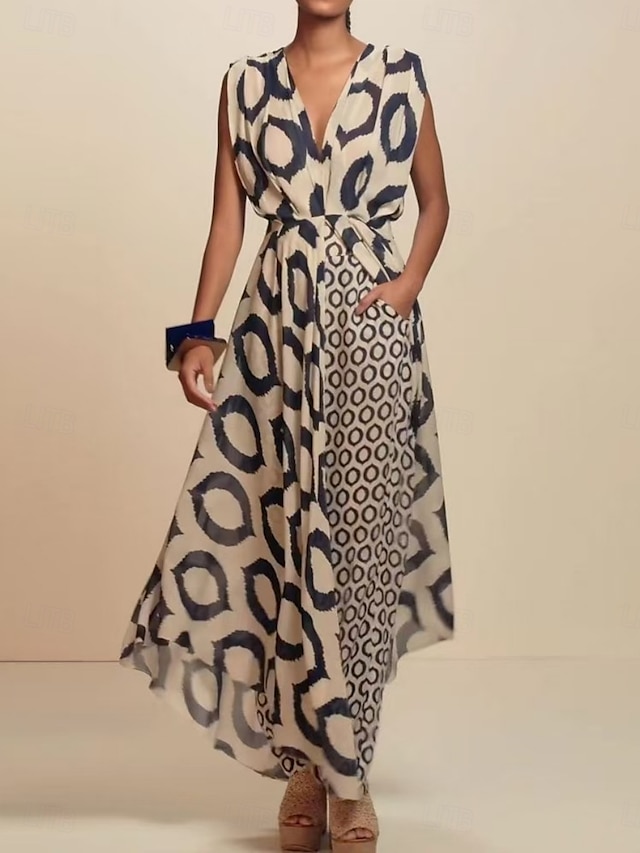  Pentru femei Set de rochii Rochie casual Set fuste Casual Geometric Zdrobit Buzunar Rochie Maxi Fără manșon Guler de stand În aer liber Zilnic Negru Vară Primăvară Fit regulat