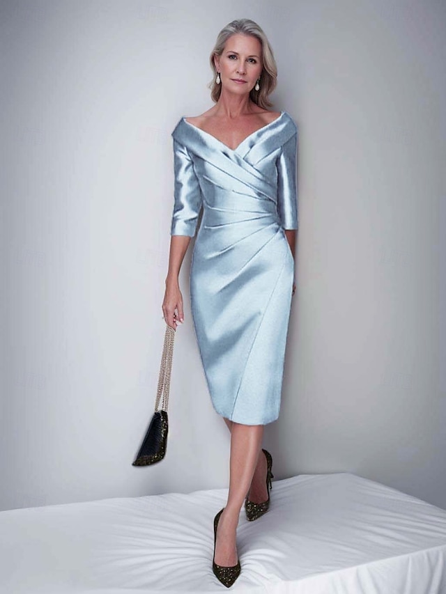  Suknia w kształcie sylwetki  kolumny matki panny młodej formalna sukienka na wesele elegancka vintage luksusowa dekolt w serek długość herbaciana satyna półrękaw sukienki z marynarką z fałdami