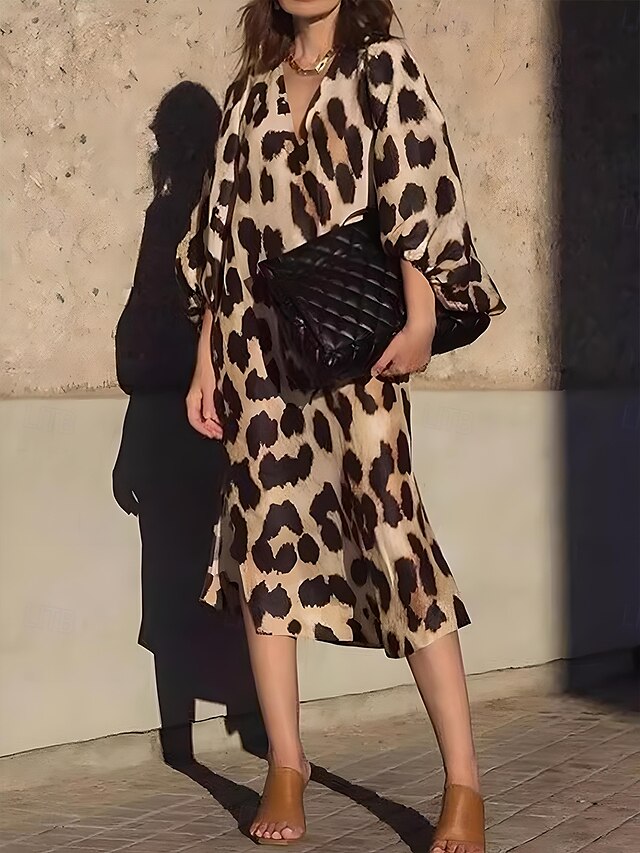  Women's Midi Dress Shift Dress Summer Dress Puff Sleeve Dress Casual Vacation Daily Regular Fit Leopard Short Sleeve V Neck Leopard Summer