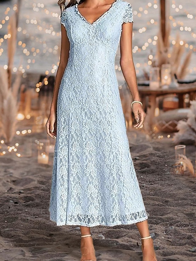  Linha A Vestido Para Mãe dos Noivos Convidado do casamento Tamanhos Grandes Decote V Até o Tornozelo Renda Manga Curta com Pregas 2025