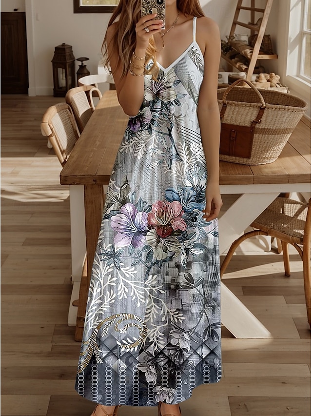  Per donna Vestito maxi Prendisole Abito linea A vestito a flori Abito estivo Informale fluente Da mare Informale Giornaliero Standard Floreale Pop art Senza maniche A V Grigio Estate Primavera