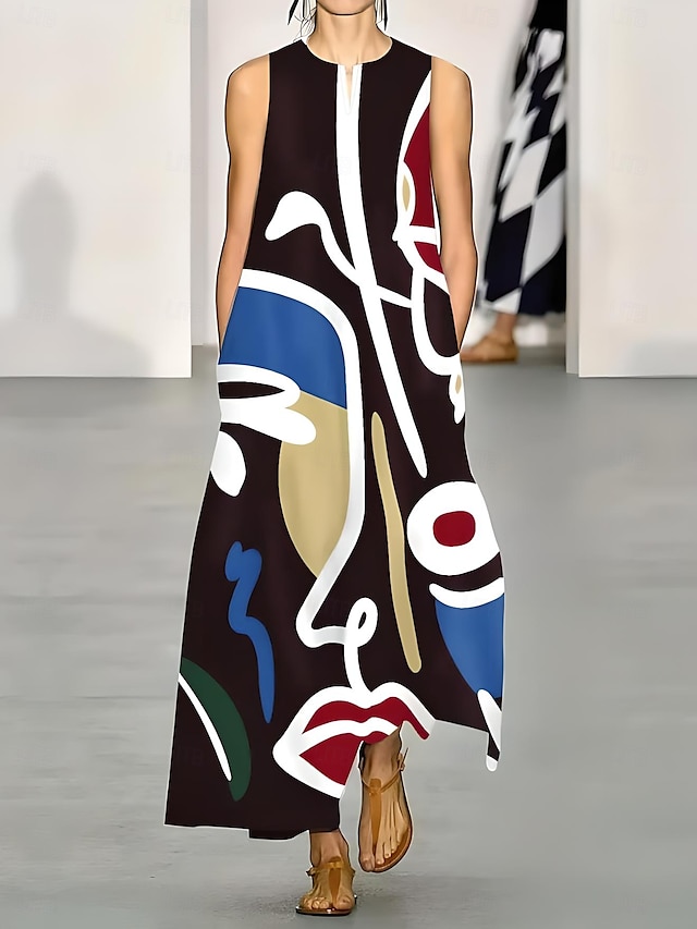  Damskie Sukienka maxi Sukienka na szerokich ramiączkach Urlop Zabytkowe Elegancki Urlop Luźna Geometryczny Zabytkowe Etnické Bez rękawów Rozcięcie szyi Czarny Lato