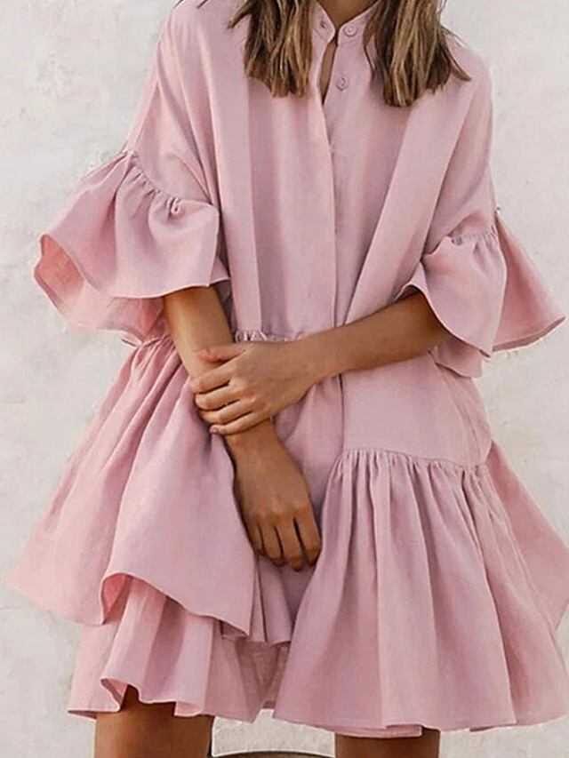  Damen Minikleid Casual kleid Chiffon-Kleid Elegant Kuschelig Stilvoll Ausgestellter Ärmel Urlaub Täglich Lockere Passform Glatt Kurzarm Ständer Schwarz Weiß Rosa Sommer Frühling