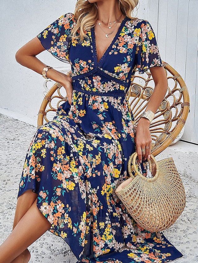  Damen Midi Kleid Korsett Kleid A-Linien Kleid Sommer Kleid Urlaub Urlaub Täglicher Regular Fit Floral Kurzarm V-Ausschnitt Rot Marineblau Grün Aprikose Sommer