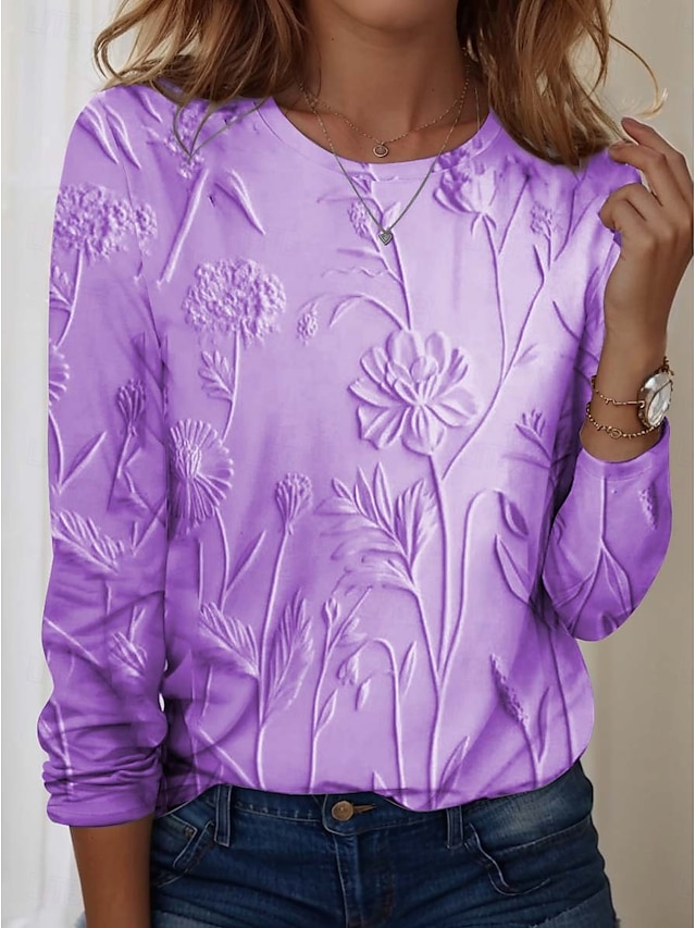  Kvinders T-Shirt 3D Print Blomstret Casual Langærmet Rund Hals Regulære Toppe Weekend Print Perle Pink Blå Lilla Grøn Efterår Vinter