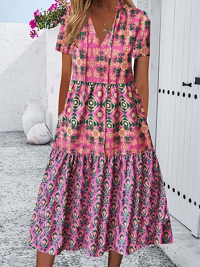  Dam Midiklänning Vardagsklänning Boho-klänning Stylish Ledigt Semester Ledigt Dagligen Lös passning Blommig Kortärmad V-hals Rodnande Rosa Sommar Vår