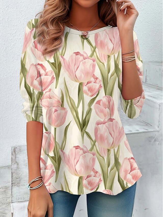 Women's T shirt Long Sleeve Crew Neck Long Sleeve Tunic Floral Casual Regular Tops Daily Print Pink Spring Fall Prefall4