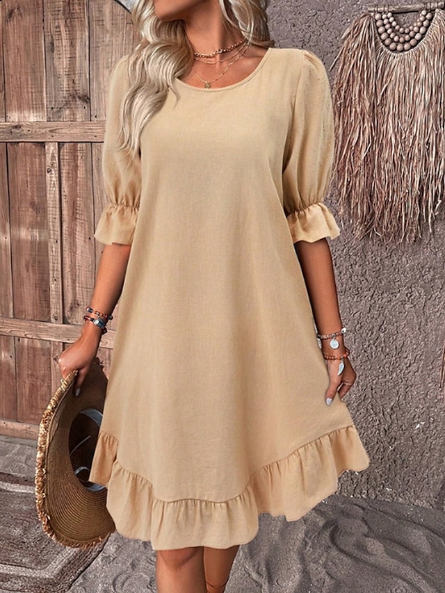  Per donna Mini Abito Abiti ispirati al lino Vestito Casual Abito in cotone e lino Elegante Casual Vacanza Quotidiano Data Vestibilità regolare Semplice Mezza Manica Girocollo Nero Cachi Verde militare