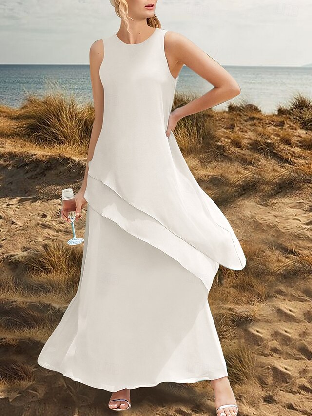  Abito da Sposa Madre Scivolato  Colonna Elegante Semplice Collo Rotondo Lunghezza Caviglia Chiffon Stretch Senza Maniche con Volant Colore Solido 2025