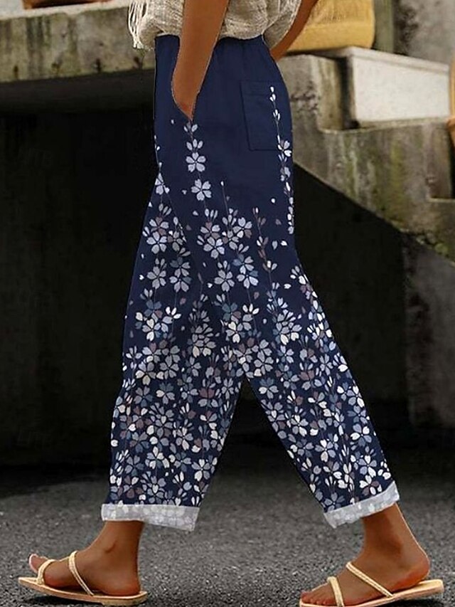 Women's Cotton Linen Pants Baggy Pants Linen Like Elegant Vintage Fashion Full Length High Waist Floral Gradient Printing Breathable Soft Micro-elastic Outdoor Daily Linen Like Navy Regular Fit4